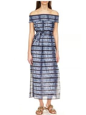 Michael Michael Kors Midi Dress SZ Small off shoulder Blue Tie Dye Stripe Maxi
